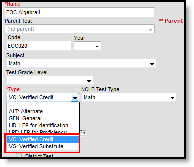 Screenshot of the Type dropdown with the Verigied Credit or Verified Substitute options highlighted.