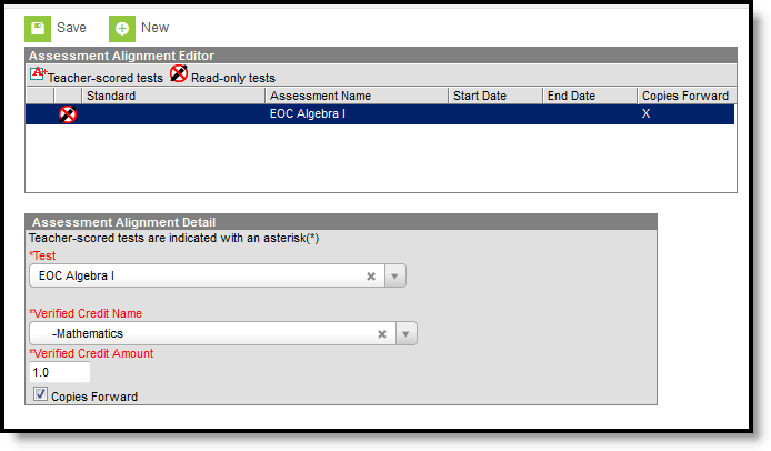 Screenshot of the Assessment Alignment Detail highlighting the Verified Credit Name and Verified Credit Amount fields.