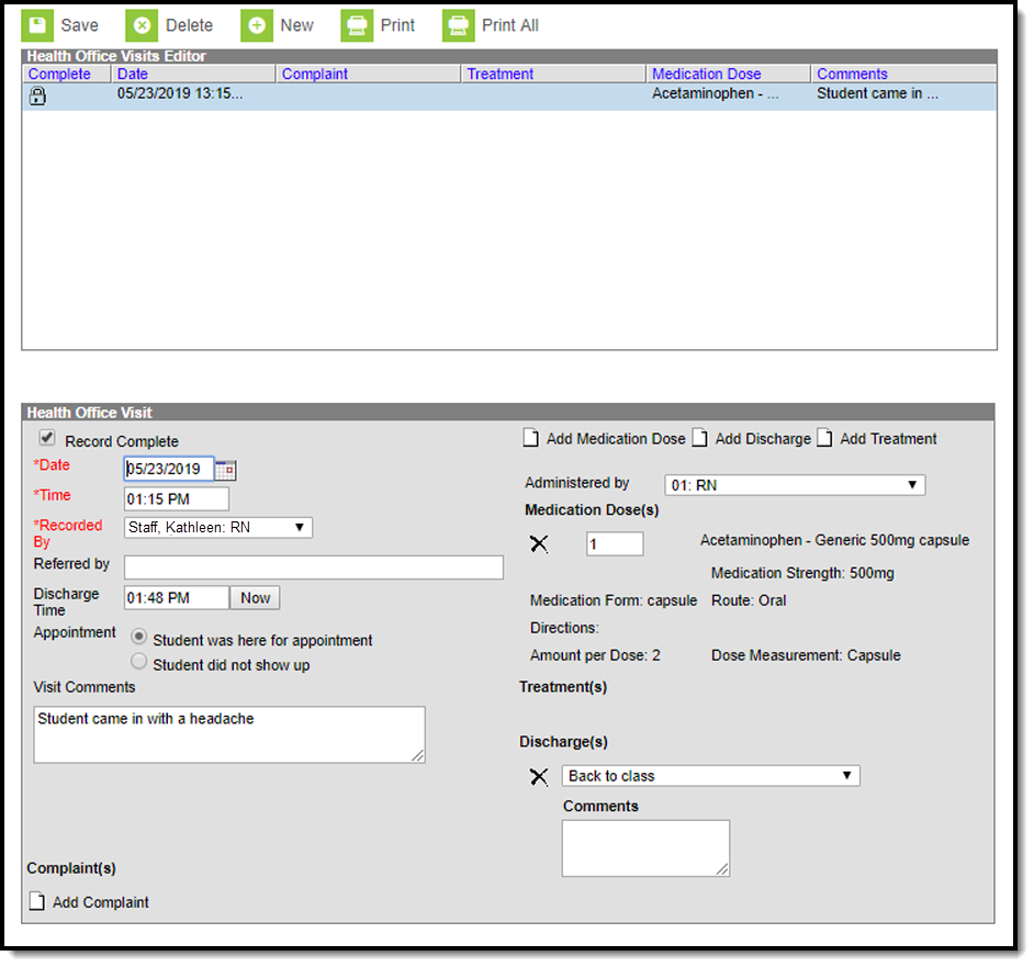 Image of the Health Office Visits tool with an example record selected