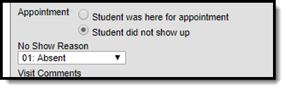 Image of Student Did not Show Up option selected with the No Show reason dropdown displaying