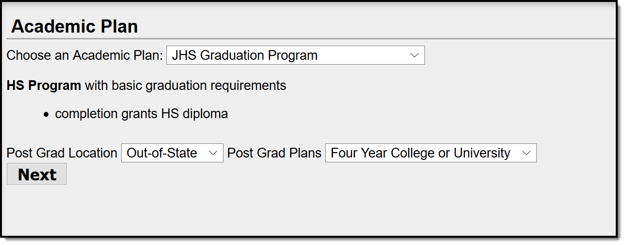 Screenshot of the Academic Plan selection fields.