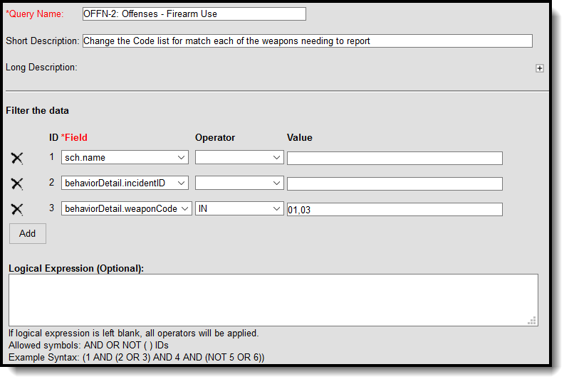 Screenshot of Filter Identifying Offenses with Firearm Use