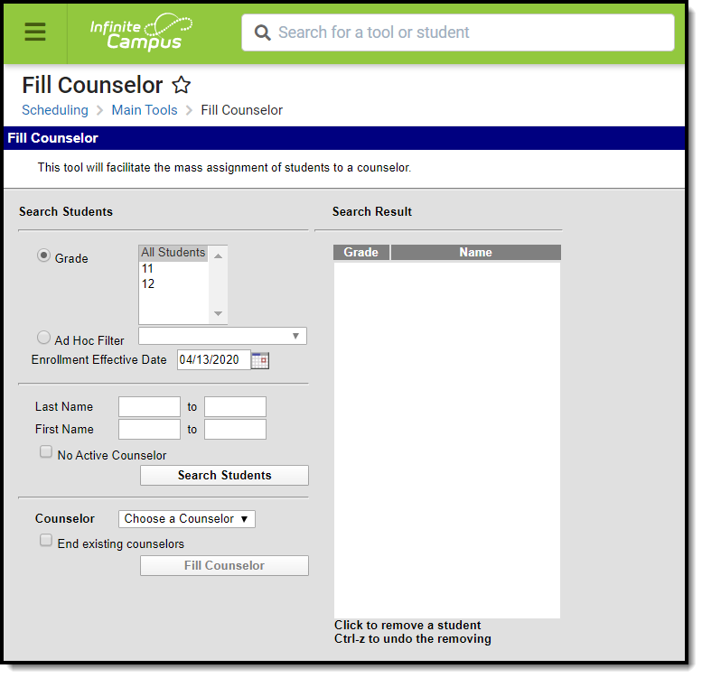 Screenshot of the Fill Counselor tool.