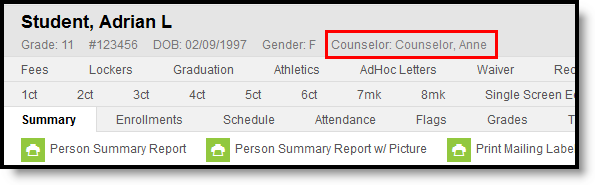 Screenshot of a counselor's name in the student's header.