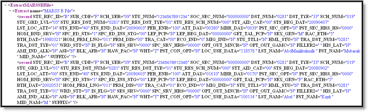 Screenshot of the MARSS B extract in XML format.