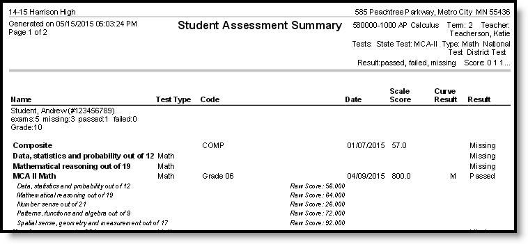 Screenshot of an example of the Student Assessment Summary report. 