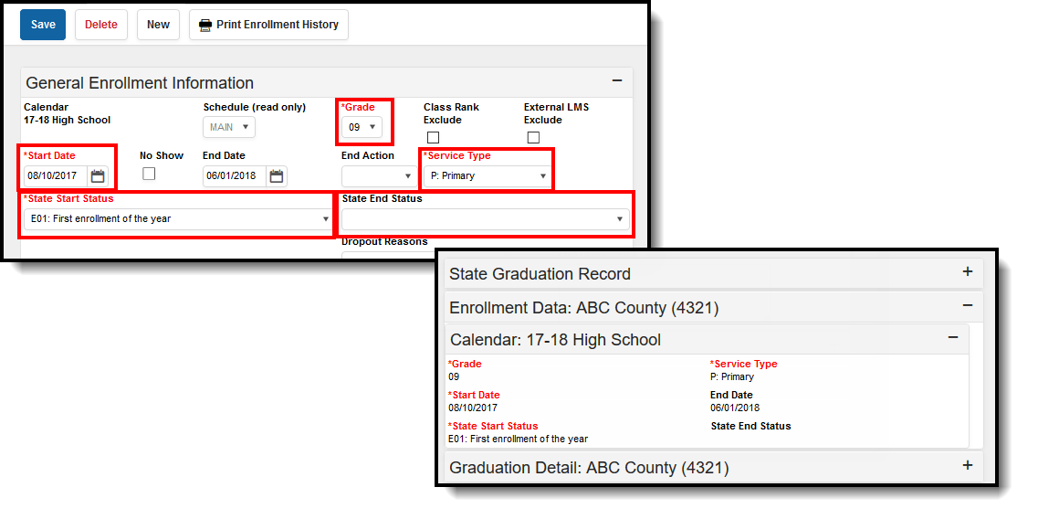 Screenshot of the Enrollment Data on the Graduation tool. 