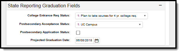 Screenshot of the State Reporting Graduation Fields
