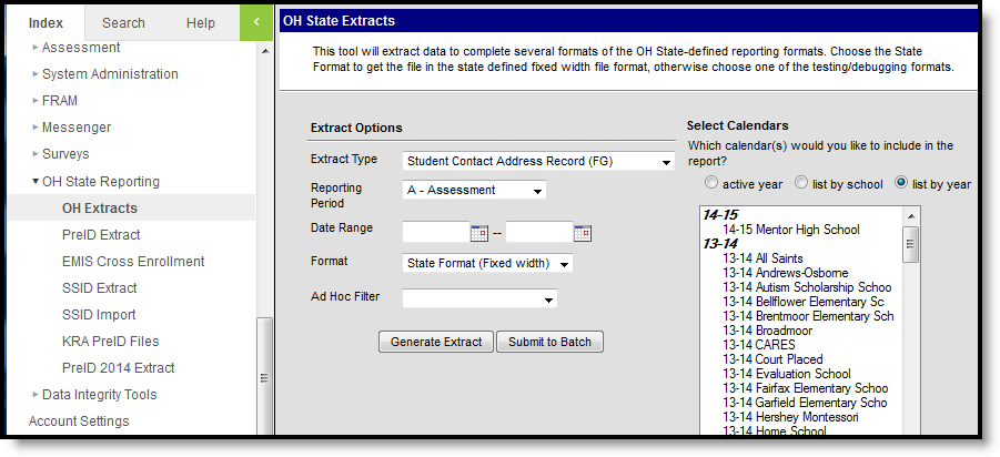 Screenshot of the Student Contact Address Record (FG) extract editor.  