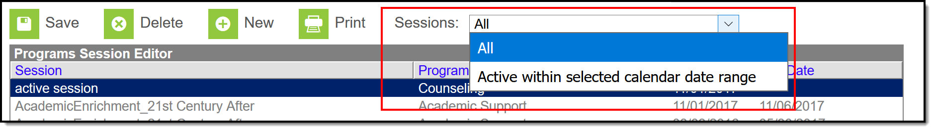 Screenshot highlighting sessions options.