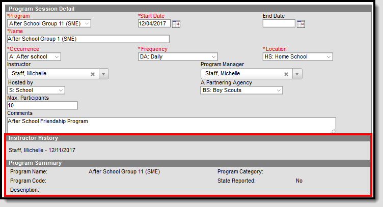 Screenshot of program session detail with instrudctor history and program summary.