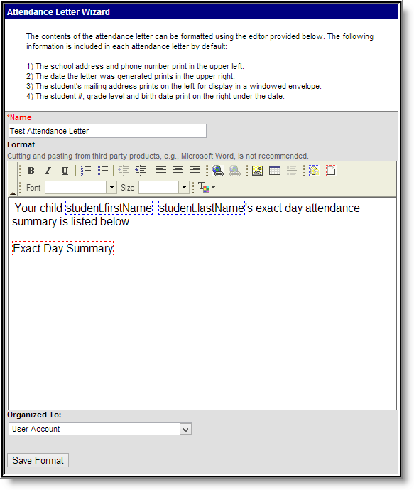 Screenshot of creating the letter format within the WYSIWYG editor. 