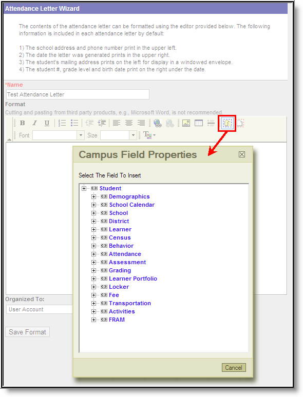 Screenshot of adding Campus Fields to the Letter Format.