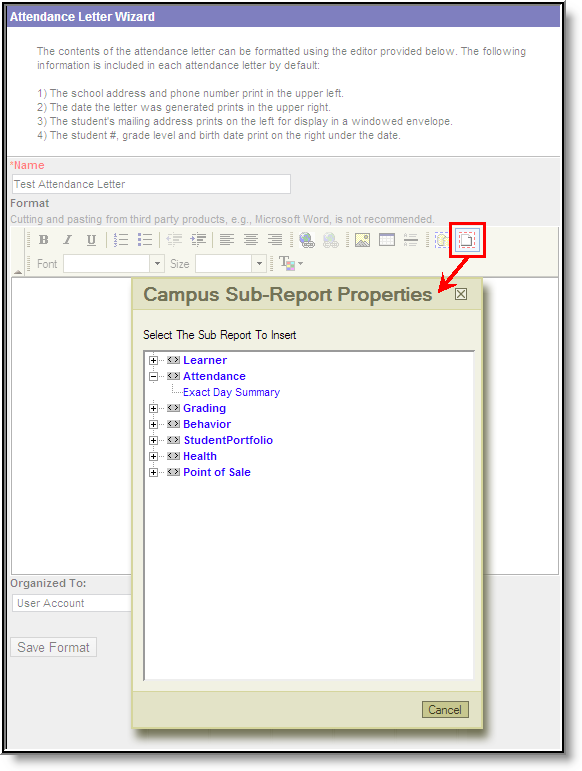 Screenshot of adding Campus Sub-Reports to the Letter Format.