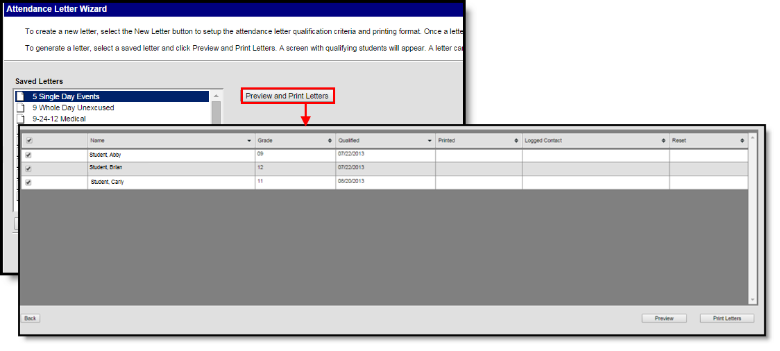 Two-part screenshot displaying how to print attendance letters and the grid of students who met the selected criteria.