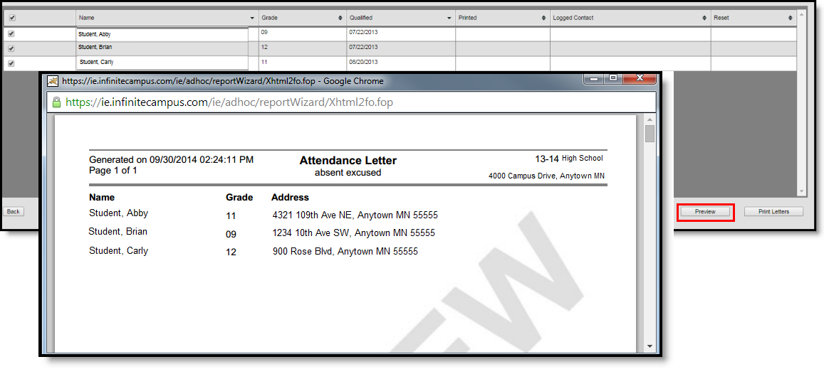 Two-part screenshot displaying how to preview attendance letters and the grid of students who met the selected criteria.