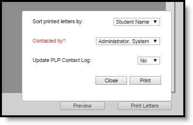 Screenshot of the Print Letters dialog window. 