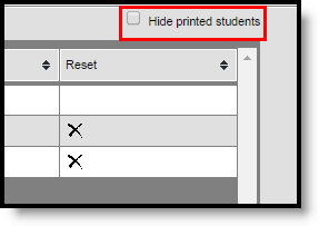 Screenshot calling out the Hide Printed Students checkbox.