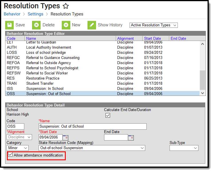 Screenshot of the Resolution Type editor with a callout around the Allow attendance modification checkbox.
