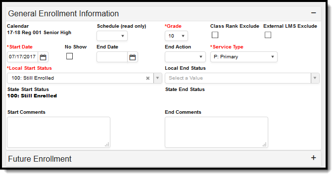 Screenshot of general Enrollment information section.