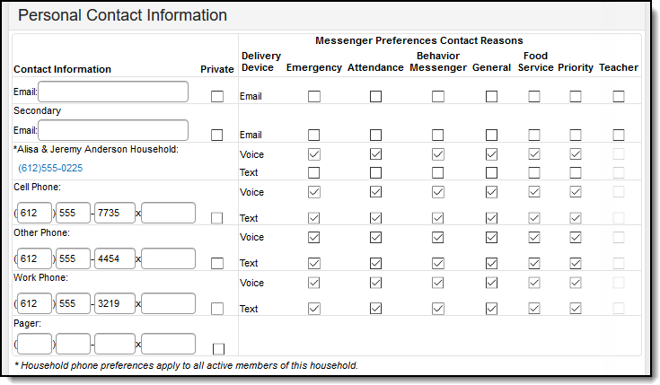 Screenshot of the Personal Contact Information section of a person's Demographics record, showing the Messenger contact preferences.