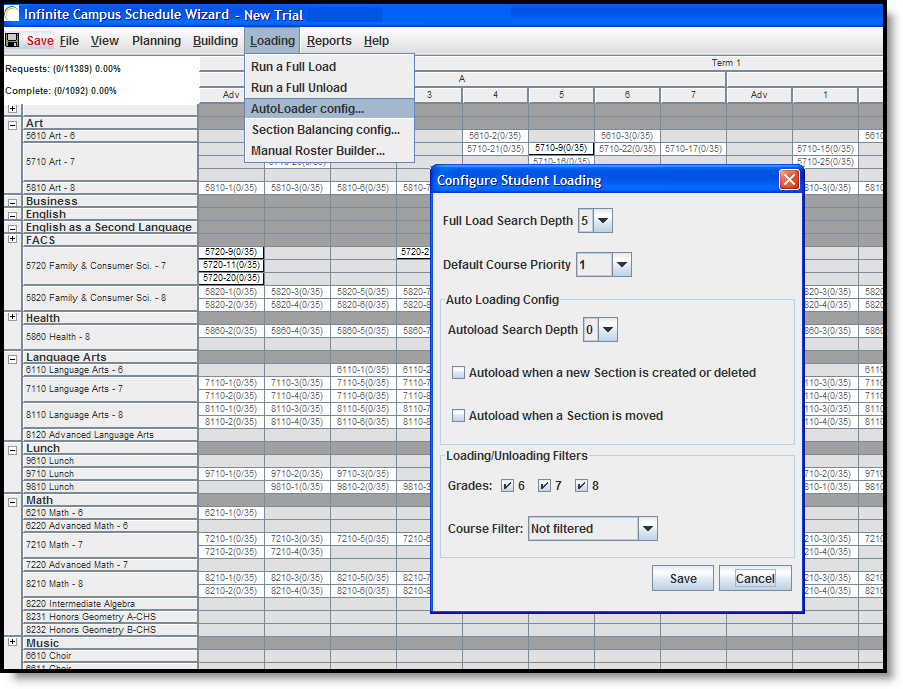 Screenshot of the Load Configuration options
