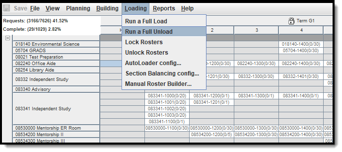 Screenshot of the Run Full Unload option. 