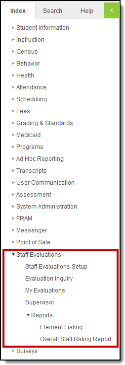 Screenshot of the Staff Evaluation tools as they appear in the Index.