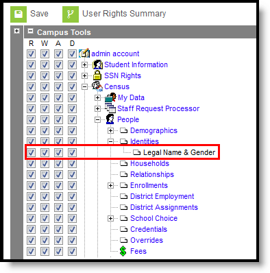 Screenshot of the Tool Rights Editor highlighting the Legal Name & Gender section. 