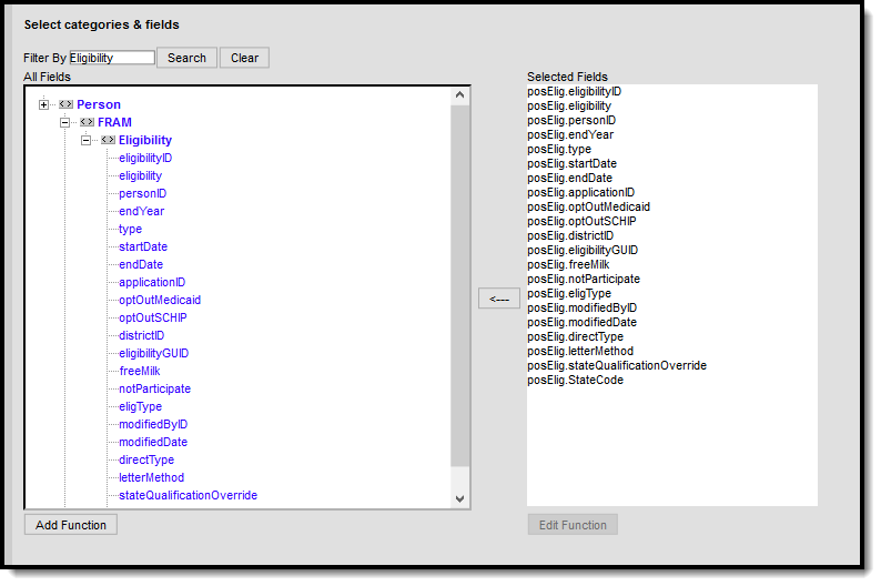 Screenshot of  the Query Wizard for Student Data Types