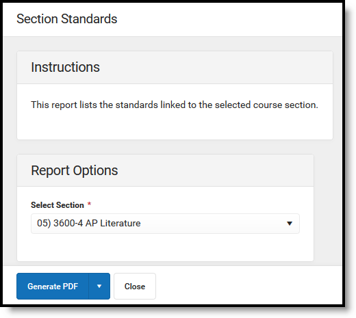 Screenshot of the Section Standards report editor. 