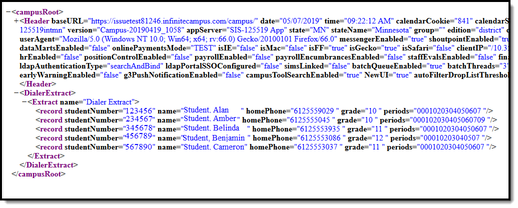 Screenshot of the Dialer Extract Report in XML Format.