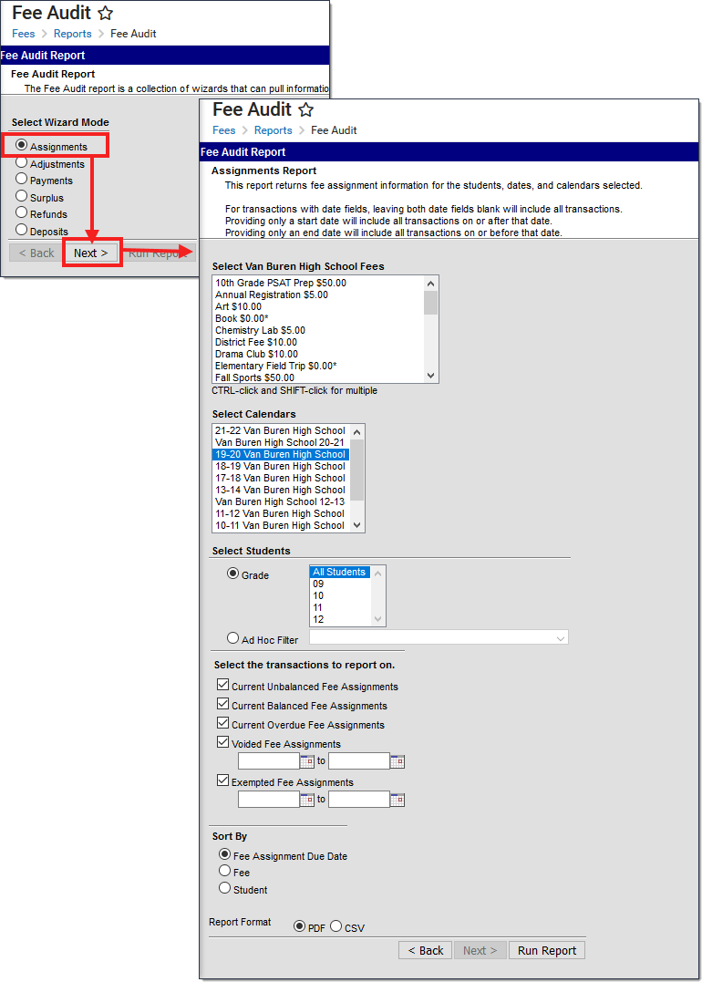 Two-part screenshot highlighting the Assignments button on the Fee Audit Report editor and the options for the Assignments Report.