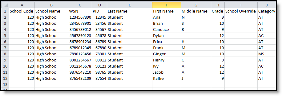 Screenshot of the Extra Co-Curricular Extract in Student Detail Format (CSV).