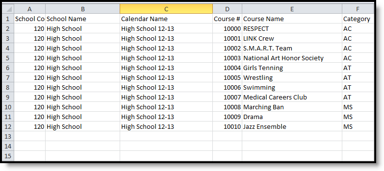 Screenshot of the Extra Co-Curricular Extract in Course Detail Format (CSV).