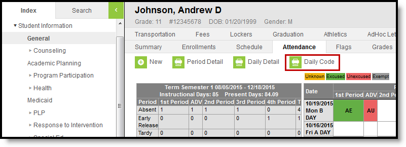 Screenshot of Attendance tool with Daily Code report button highlighted