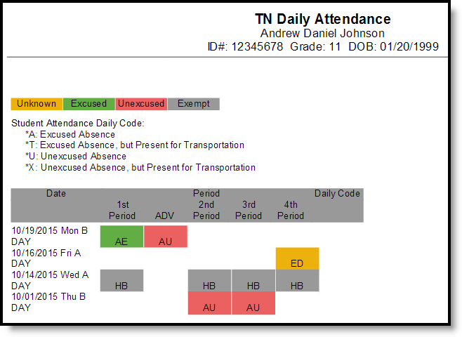 Screenshot of a generated daily attendance report