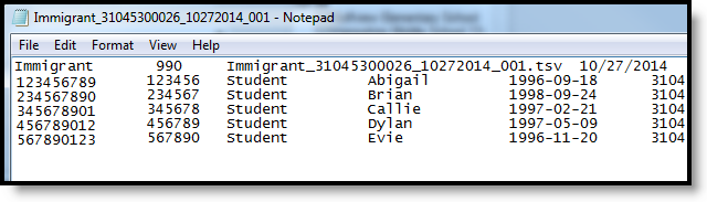 Screenshot of an example of the Immigrant Report in Tab Delimited Format.