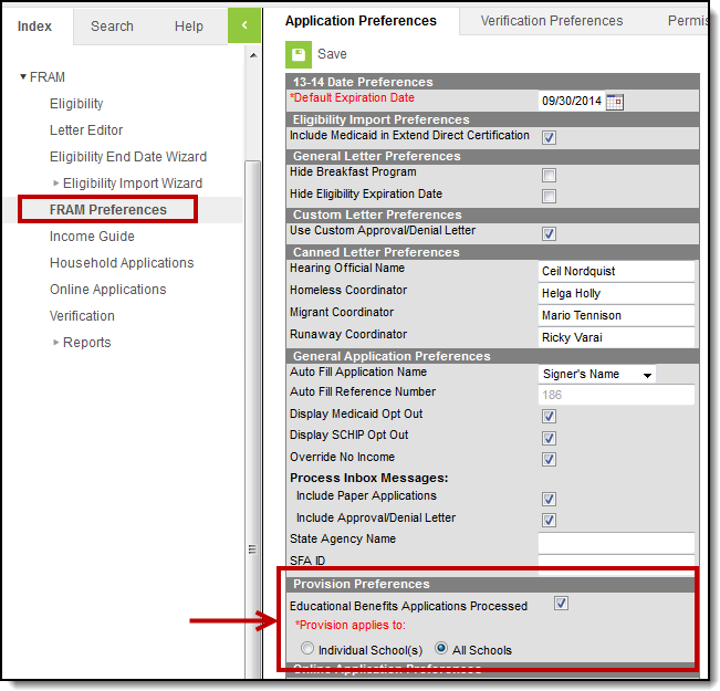 Screenshot of the FRAM Preferences tool. The Provision Preferences section is highlighted.