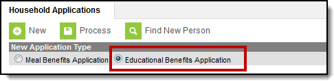 Screenshot of the Household Applications tool. The option called Educational Benefits Application is selected.