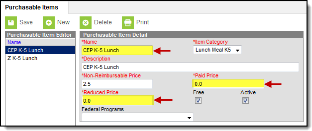 Screenshot of the Purchasable Item Detail editor. The Name, Reduced Price and Paid Price fields are highlighted.