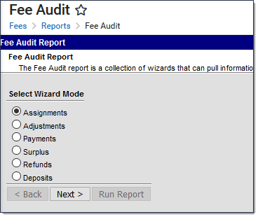 Screenshot showing the different modes for the Fee Audit Report.