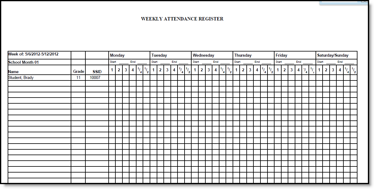 Screenshot of Weekly Attendance Register in PDF.