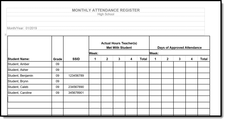 Screenshot of Monthly Attendance Register in DOCX. 