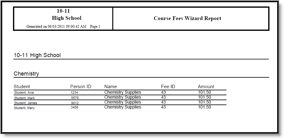Screenshot of the Course Fees Wizard report when the Create Fee Assignments option is selected.