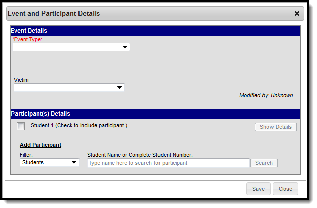 Screenshot of the Event and Participant details in a behavior incident. 