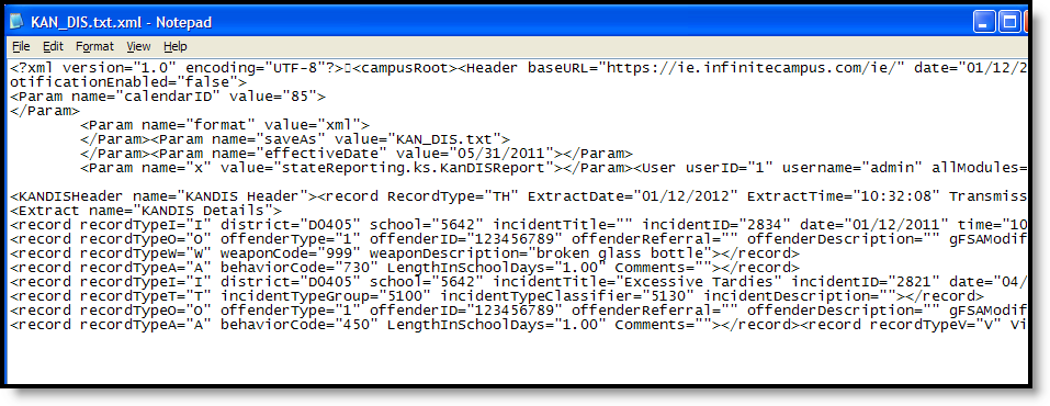 Screenshot of an example of the KAN-DIS Extract in XML Format.