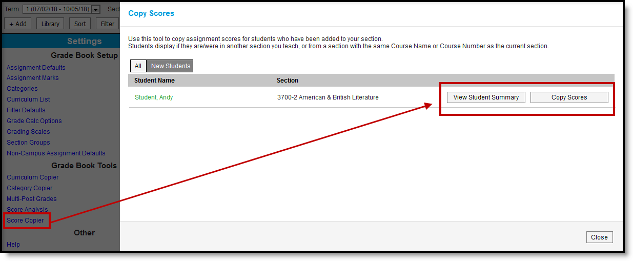 Screenshot highlighting the score copier tool in the Grade Book Settings menu and the View Student Summary and Copy Score options available.