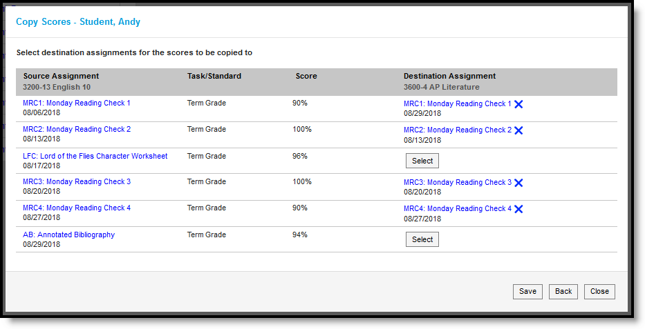 Screenshot of the list of assignments from the source section with options to select a destination assignment in the new section.