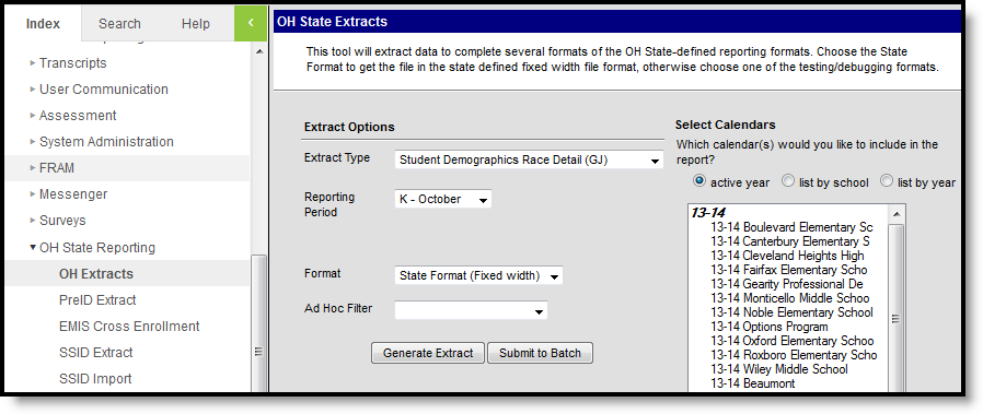 Screenshot of the Student Demographics Race Detail (GJ) extract editor.  
